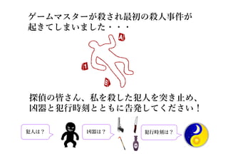 犯人は？ 凶器は？ 犯行時刻は？
ゲームマスターが殺され最初の殺人事件が
起きてしまいました・・・
探偵の皆さん、私を殺した犯人を突き止め、
凶器と犯行時刻とともに告発してください！
 