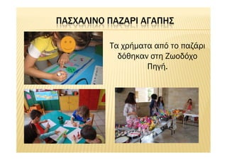 ΠΑΣΧΑΛΙΝΟ ΠΑΖΑΡΙ ΑΓΑΠΗΣ
Τα χρήματα από το παζάρι
δόθηκαν στη Ζωοδόχο
Πηγή.
 