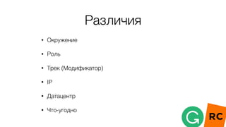Различия
• Окружение
• Роль
• Трек (Модификатор)
• IP
• Датацентр
• Что-угодно
 