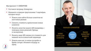 Инструмент 5: СИНЕРГИЯ
 Составьте матрицу «Синергия»
 Напишите в каждом треугольнике 3 партнёров,
которые могут:
 Помочь вам найти больше клиентов на
или новых рынках
 Снизить стоимость привлечения новых
клиентов
 Усилить качество вашего ЦП (например, с
помощью своих решений, бренда,
и экспертизы)
 Усилить ваше ЦП снизив его стоимость для
нижней части клиентской пирамиды
 Помочь вам как-то иначе (устройте в
брейн-шторм, объявите награду за
идеи)
БОЛЬШЕ КЛИЕНТОВ
ВЫШЕ
КАЧЕСТВО
ВАШЕГО
ЦП
НИЖЕ
ЦЕНА ДЛЯ
КЛИЕНТА
НИЖЕ СТОИМОСТЬ
ПРИВЛЕЧЕНИЯ
ВАШЕ
ЦП
 
