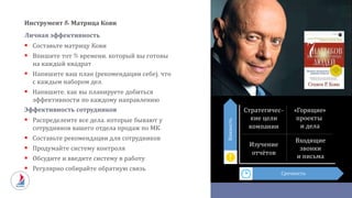 Инструмент 8: Матрица Кови
Личная эффективность
 Составьте матрицу Кови
 Впишите тот % времени, который вы готовы
на каждый квадрат
 Напишите ваш план (рекомендации себе), что
с каждым набором дел.
 Напишите, как вы планируете добиться
эффективности по каждому направлению
Эффективность сотрудников
 Распределеите все дела, которые бывают у
сотрудников вашего отдела продаж по МК.
 Составьте рекомендации для сотрудников
 Продумайте систему контроля
 Обсудите и введите систему в работу.
 Регулярно собирайте обратную связь
Срочность
Важность
«Горящие»
проекты
и дела
Стратегичес-
кие цели
компании
Изучение
отчётов
Входящие
звонки
и письма
 
