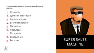 SUPER SALES
MACHINE
9 ключевых элементов корпоративной модели
продаж
1. Ценность
2. Целевая аудитория
3. Каналы продаж
4. Взаимодействие
5. Партнёры
6. Процессы
7. Продавцы
8. Управление
9. Ресурсы
 