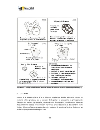 21
FIGURA 2.15 Causas de la refractariedad dentro de residuos de lixiviación de calcina: hipotética y observada [21]
2.12.1 Calcina
Calcina es el nombre que se le da al producto oxidado del mineral de sulfuro tostado. El
material calcina producido por la tostación de la pirita y la arsenopirita es principalmente
hematítico y poroso. Las pequeñas concentraciones de magnetita también están presentes
frecuentemente debido a la oxidación imperfecta (véase Sección 5.8). Los cambios en la
textura del mineral que se producen durante l tostación de un mineral pirita se ilustran en las
Placas 14 y 15 (véase también Figura 2.15).
 