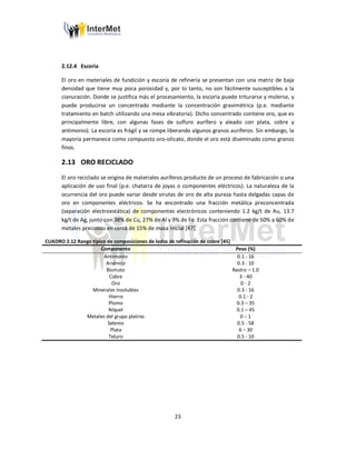 23
2.12.4 Escoria
El oro en materiales de fundición y escoria de refinería se presentan con una matriz de baja
densidad que tiene muy poca porosidad y, por lo tanto, no son fácilmente susceptibles a la
cianuración. Donde se justifica más el procesamiento, la escoria puede triturarse y molerse, y
puede producirse un concentrado mediante la concentración gravimétrica (p.e. mediante
tratamiento en batch utilizando una mesa vibratoria). Dicho concentrado contiene oro, que es
principalmente libre, con algunas fases de sulfuro aurífero y aleado con plata, cobre y
antimonio). La escoria es frágil y se rompe liberando algunos granos auríferos. Sin embargo, la
mayoría permanece como compuesto oro-silicato, donde el oro está diseminado como granos
finos.
2.13 ORO RECICLADO
El oro reciclado se origina de materiales auríferos producto de un proceso de fabricación o una
aplicación de uso final (p.e. chatarra de joyas o componentes eléctricos). La naturaleza de la
ocurrencia del oro puede variar desde virutas de oro de alta pureza hasta delgadas capas de
oro en componentes eléctricos. Se ha encontrado una fracción metálica preconcentrada
(separación electroestática) de componentes electrónicos conteniendo 1.2 kg/t de Au, 13.7
kg/t de Ag, junto con 38% de Cu, 27% de Al y 9% de Fe. Esta fracción contiene de 50% a 60% de
metales preciosos en cerca de 15% de masa inicial [47].
CUADRO 2.12 Rango típico de composiciones de lodos de refinación de cobre [45]
Componente Peso (%)
Antimonio 0.1 - 16
Arsénico 0.3 - 10
Bismuto Rastro – 1.0
Cobre 3 - 40
Oro 0 - 2
Minerales insolubles 0.3 - 16
Hierro 0.1 - 2
Plomo 0.3 – 35
Níquel 0.1 – 45
Metales del grupo platino 0 – 1
Selenio 0.5 - 58
Plata 6 – 30
Teluro 0.5 - 10
 