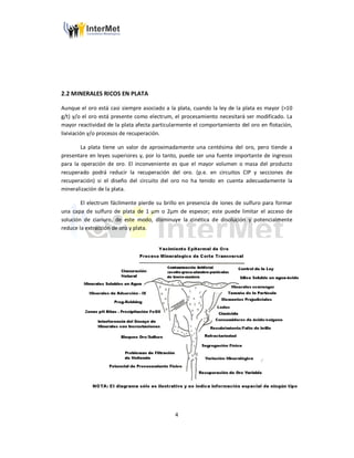 4
2.2 MINERALES RICOS EN PLATA
Aunque el oro está casi siempre asociado a la plata, cuando la ley de la plata es mayor (>10
g/t) y/o el oro está presente como electrum, el procesamiento necesitará ser modificado. La
mayor reactividad de la plata afecta particularmente el comportamiento del oro en flotación,
lixiviación y/o procesos de recuperación.
La plata tiene un valor de aproximadamente una centésima del oro, pero tiende a
presentare en leyes superiores y, por lo tanto, puede ser una fuente importante de ingresos
para la operación de oro. El inconveniente es que el mayor volumen o masa del producto
recuperado podrá reducir la recuperación del oro. (p.e. en circuitos CIP y secciones de
recuperación) si el diseño del circuito del oro no ha tenido en cuenta adecuadamente la
mineralización de la plata.
El electrum fácilmente pierde su brillo en presencia de iones de sulfuro para formar
una capa de sulfuro de plata de 1 µm o 2µm de espesor; este puede limitar el acceso de
solución de cianuro, de este modo, disminuye la cinética de disolución y potencialmente
reduce la extracción de oro y plata.
 