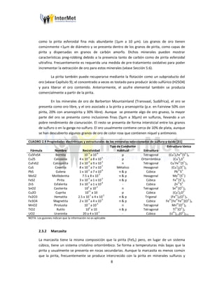 8
como la pirita esferoidal fina más abundante (1µm a 10 µm). Los granos de oro tienen
comúnmente <1µm de diámetro y se presenta dentro de los granos de pirita, como capas de
pirita y dispersadas en granos de carbón amorfo. Dichos minerales pueden mostrar
características preg-robbing debido a la presencia tanto de carbón como de pirita esferoidal
ultrafina. Frecuentemente es requerida una medida de pre-tratamiento oxidativo para poder
incrementar la extracción de oro para estos minerales (véase Sección 5.6).
La pirita también puede recuperarse mediante la flotación como un subproducto del
oro (véase Capítulo 9); el concentrado a veces es tostado para producir ácido sulfúrico (H2SO4)
y para liberar el oro contenido. Anteriormente, el azufre elemental también se producía
comercialmente a partir de la pirita.
En los minerales de oro de Barberton Mountainland (Transvaal, Sudáfrica), el oro se
presenta como oro libre, y el oro asociado a la pirita y arsenopirita (p.e. en Fairview 50% con
pirita, 20% con arsenopirita y 30% libre). Aunque se presente algo de oro grueso, la mayor
parte del oro se presenta como inclusiones finas (5µm a 30µm) en sulfuros, llevando a un
pobre rendimiento de cianuración. El resto se presenta de forma intersticial entre los granos
de sulfuro o en la ganga no-sulfuro. El oro usualmente contiene cerca de 10% de plata, aunque
se han descubierto algunos granos de oro de color rosa que contienen níquel y antimonio.
CUADRO 2.9 Propiedades electrónicas y estructurales de los minerales seleccionados de sulfuro y óxido [31]
Fórmula Nombre Resistividad
Tipo de Conductor
Habitual Estructura
Estructura Iónica
Cu5FeS4 Bornita 10-3
a 10-6
p Tetragonal (Cu+
)5Fe3+
(S2-
)4
Cu2S Calcosina 4 x 10-2
a 8 x 10-5
p Ortorrómbica (Cu+
)2S2-
CuFeS2 Calcopirita 2 x 10-4
a 9 x 10-3
n Tetragonal Cu+
Fe3+
(S2-
)2
CuS Covelita 8 x 10
-5
a 7 x 10
-7
Métalico Hexagonal (Cu
+
)2(S
2-
)2
PbS Galena 1 x 10
-5
a 7 x 10
-6
n & p Cúbica Pb
2+
S
2-
MoS2 Molibdenita 7.5 a 8 x 10
-3
n & p Hexagonal Mo
4+
(S
2-
)
FeS2 Pirita 3 x 10
-2
a 1 x 10
-3
n & p Cúbica Fe
2+
(S
2-
)2
ZnS Esfalerita 3 x 10
-3
a 1 x 10
-4
- Cúbica Zn
2+
S
2-
SnO2 Casiterita 10
2
a 10
-2
n Tetragonal Sn
4+
(O
2-
)2
Cu2O Cuprita 10
11
a 10 p Cúbica (Cu
+
)2O
2-
Fe2O3 Hematita 2.5 x 10
-1
a 4 x 10
-2
n & p Trigonal (Fe
3+
)2(O
2-
)3
Fe3O4 Magnetita 2 x 10
-4
a 4 x 10
-5
n & p Cúbica Fe
3+
[Fe
3+
Fe
2+
](O
2-
)4
MnO2 Pirolusita 10
-1
a 10
-3
n Tetragonal Mn
4+
(O
2-
)2
TiO2 Rutilo 10
4
a 10 n & p Tetragonal Ti
4+
(O
2-
)2
UO2 Uraninita 20 a 4 x 10
-1
- Cúbica (U
4+
)1-x(O
2-
)2+x
NOTA: Los guiones indican que la información no es aplicable
2.3.2 Marcasita
La marcasita tiene la misma composición que la pirita (FeS2) pero, en lugar de un sistema
cúbico, tiene un sistema cristalino ortorrómbico. Se forma a temperaturas más bajas que la
pirita y usualmente se presenta en rocas secundarias. Aunque la marcasita es menos común
que la pirita, frecuentemente se produce intercrecido con la pirita en minerales sulfuros y
 