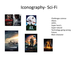 Iconography- Sci-Fi
Challenges science
Aliens
UFO’s
Super hero's
Super natural
Technology going wrong
Future
Main character
 