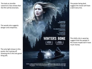 The poster being dark
suggest the movie will have
a dark story line.
The look on Jennifer
Lawrence's face shows that
the film will be dramatic.
The woods also suggests
danger and creepiness.
The cloths she is wearing
suggest that the people in
the movie maybe don’t have
much money.
The only light shown in this
poster she is giving off
showing she is the only good
thing left.
 