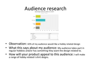Audience research
• Observation: 42% of my audience would like a hobby related design
• What this says about my audience: My audience takes part in
regular hobbies and/or has something they want the design related to.
• How will your product appeal to this audience: I will make
a range of hobby related t-shirt deigns.
 