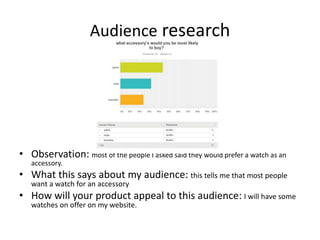 Audience research
• Observation: most of the people I asked said they would prefer a watch as an
accessory.
• What this says about my audience: this tells me that most people
want a watch for an accessory
• How will your product appeal to this audience: I will have some
watches on offer on my website.
 