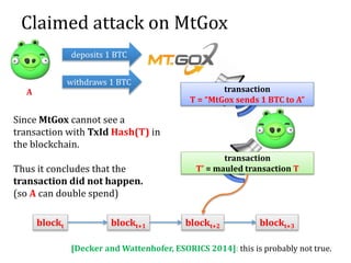 Claimed attack on MtGox
deposits 1 BTC
withdraws 1 BTC
transaction
T = “MtGox sends 1 BTC to A”
A
transaction
T’ = mauled transaction T
blockt blockt+1 blockt+2 blockt+3
Since MtGox cannot see a
transaction with TxId Hash(T) in
the blockchain.
Thus it concludes that the
transaction did not happen.
(so A can double spend)
[Decker and Wattenhofer, ESORICS 2014]: this is probably not true.
 