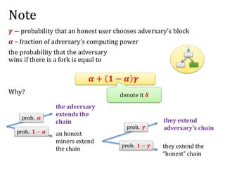 Note
𝜸 − probability that an honest user chooses adversary’s block
𝜶 – fraction of adversary’s computing power
the probability that the adversary
wins if there is a fork is equal to
𝜶 + 𝟏 − 𝜶 𝜸
the adversary
extends the
chain
an honest
miners extend
the chain
they extend
adversary’s chain
they extend the
“honest” chain
prob. 𝜶
prob. 𝟏 − 𝜶
prob. 𝜸
prob. 𝟏 − 𝜸
Why? denote it 𝜹
 