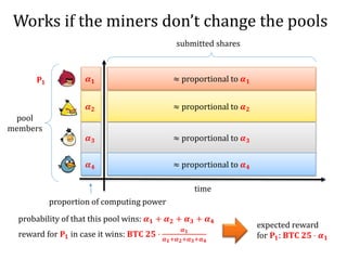 Works if the miners don’t change the pools
𝜶 𝟏
𝜶 𝟐
𝜶 𝟑
𝜶 𝟒
≈ proportional to 𝜶 𝟏
≈ proportional to 𝜶 𝟐
≈ proportional to 𝜶 𝟑
≈ proportional to 𝜶 𝟒
time
proportion of computing power
probability of that this pool wins: 𝜶 𝟏 + 𝜶 𝟐 + 𝜶 𝟑 + 𝜶 𝟒
pool
members
submitted shares
reward for 𝐏𝟏 in case it wins: 𝐁𝐓𝐂 𝟐𝟓 ⋅
𝜶 𝟏
𝜶 𝟏+𝜶 𝟐+𝜶 𝟑+𝜶 𝟒
𝐏𝟏
expected reward
for 𝐏𝟏: 𝐁𝐓𝐂 𝟐𝟓 ⋅ 𝜶 𝟏
 