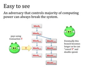 Easy to see
An adversary that controls majority of computing
power can always break the system.
blocki
blocki+1
blocki+2 b...