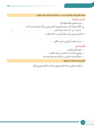 24
(‫دﻗﺎﺋﻖ‬ 8) (‫ﻨﺎﺋﻲ‬ ‫ﱡ‬‫اﻟﺜ‬ ‫ﻢ‬‫ﱡ‬‫ﻠ‬‫ﻌ‬ ‫ﱠ‬‫)اﻟﺘ‬ 3 ‫و‬ – (‫)ح‬ 2 (‫ﻢ‬‫ﱠ‬‫ﻠ‬‫وأﺗﻌ‬ ‫)أﺳﺘﻘﺮئ‬ ‫ﻧﺸﺎط‬
:‫واﻷﻧﺸﻄﺔ‬ ‫اﻷﺳﺎﻟﻴﺐ‬
.‫ﺎ‬ًّ‫ﻴ‬‫ﺛﻨﺎﺋ‬‫ﺎ‬ًّ‫ﻴ‬‫ﻧ‬‫و‬‫ﺗﻌﺎ‬‫ﺎ‬ً‫ﻤ‬ُّ‫ﻠ‬‫ﺗﻌ‬‫ِّﻤﻴﻦ‬‫ﻠ‬‫اﻟﻤﺘﻌ‬‫ﺗﻨﻔﻴﺬ‬
‫اﻷﺳﻤﺎء‬‫ﻣﻦ‬‫اﻟﻤﻨﺼﻮﺑﺎت‬‫َّﺮ‬‫ﻛ‬‫ﻧﺘﺬ‬‫و‬،‫زﻣﻴﻠﻲ‬‫أﻧﺎﻗﺶ‬.ً‫وﻣﻌﺘﺮﺿﺔ‬ ً‫ﻣﻨﺼﻮﺑﺔ‬‫ﺟﺎءت‬‫ﻧﺔ‬َّ‫اﻟﻤﻠﻮ‬‫اﻟﻜﻠﻤﺔ‬‫ـ‬‫ح‬
(.................................................................................................................................‫و‬ ‫ﻣﺎن‬َّ‫اﻟﺰ‬ ‫ﻇﺮﻓﺎ‬ ،‫اﻟﺤﺎل‬ ،‫ﻛﺎن‬ ‫ﺧﺒﺮ‬ ،َّ‫إن‬ ‫)اﺳﻢ‬
:(‫ّﺎﻟﺐ‬‫ﻄ‬‫)اﻟ‬‫ﻛﻠﻤﺔ‬‫ﻧﺼﺐ‬‫َّﺬي‬‫ﻟ‬‫ا‬‫اﻟﻔﻌﻞ‬‫ﺗﻘﺪﻳﺮ‬‫ﻓﻲ‬‫زﻣﻴﻠﻲ‬‫أﻧﺎﻗﺶ‬‫ـ‬3
......................................................................................................................................................................................................................................
.‫اﻟﻜﻼم‬‫أﺳﻠﻮب‬‫ﻣﻦ‬‫ﻮع‬َّ‫ﻨ‬‫اﻟ‬‫ﻫﺬا‬‫ِّﻢ‬‫ﻠ‬‫اﻟﻤﻌ‬‫ﺗﺴﻤﻴﺔ‬
: ‫ﱡ‬‫اﻟﺒﻨﺎﺋﻲ‬ ‫ﱠﻘﻮﻳﻢ‬‫ﺘ‬‫اﻟ‬
.‫ِّﻤﻴﻦ‬‫ﻠ‬‫اﻟﻤﺘﻌ‬ ‫ُّﻢ‬‫ﻠ‬‫ﺗﻌ‬ ‫ﻣﺘﺎﺑﻌﺔ‬
.(‫ّﺎﻟﺐ‬‫ﻄ‬‫)اﻟ‬ ‫ﻛﻠﻤﺔ‬ ‫ﻓﻲ‬ ‫ﺼﺐ‬َّ‫ﻨ‬‫اﻟ‬ ‫إﺣﺪاث‬ ‫ﻣﺴﺄﻟﺔ‬ ‫ﺗﻮﺿﻴﺢ‬
.‫وﺗﻌﺰﻳﺰﻫﺎ‬ ،‫وﺗﻘﻮﻳﻤﻬﺎ‬ ،‫وإﺛﺮاؤﻫﺎ‬ ،‫ِّﻤﻴﻦ‬‫ﻠ‬‫اﻟﻤﺘﻌ‬ ‫إﺟﺎﺑﺎت‬ ‫ﻣﻨﺎﻗﺸﺔ‬
(‫دﻗﺎﺋﻖ‬ 5) ‫ﱡ‬‫اﻟﺨﺘﺎﻣﻲ‬ ‫ﻘﻮﻳﻢ‬ ‫ﱠ‬‫اﻟﺘ‬
.‫ُّﻢ‬‫ﻠ‬‫ﻌ‬َّ‫ﺘ‬‫اﻟ‬‫ﻣﻮﺿﻮع‬(‫)اﻷﻣﺜﻠﺔ‬‫واﻷﻧﻤﺎط‬،‫اﻟﻤﻌﻄﻰ‬‫ﻤﻂ‬َّ‫ﻨ‬‫اﻟ‬‫ﻣﺤﺎﻛﺎة‬‫ِّﻤﻴﻦ‬‫ﻠ‬‫اﻟﻤﺘﻌ‬‫ﺗﻜﻠﻴﻒ‬
 