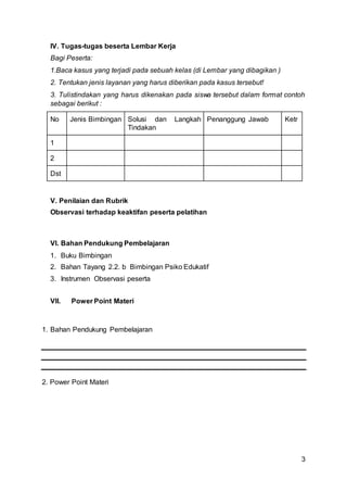 3
IV. Tugas-tugas beserta Lembar Kerja
Bagi Peserta:
1.Baca kasus yang terjadi pada sebuah kelas (di Lembar yang dibagikan )
2. Tentukan jenis layanan yang harus diberikan pada kasus tersebut!
3. Tulistindakan yang harus dikenakan pada siswa tersebut dalam format contoh
sebagai berikut :
No Jenis Bimbingan Solusi dan Langkah
Tindakan
Penanggung Jawab Ketr
1
2
Dst
V. Penilaian dan Rubrik
Observasi terhadap keaktifan peserta pelatihan
VI. Bahan Pendukung Pembelajaran
1. Buku Bimbingan
2. Bahan Tayang 2.2. b Bimbingan Psiko Edukatif
3. Instrumen Observasi peserta
VII. Power Point Materi
1. Bahan Pendukung Pembelajaran
2. Power Point Materi
 