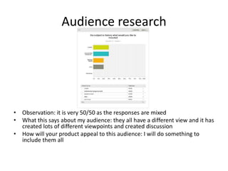 Audience research
• Observation: it is very 50/50 as the responses are mixed
• What this says about my audience: they all have a different view and it has
created lots of different viewpoints and created discussion
• How will your product appeal to this audience: I will do something to
include them all
 
