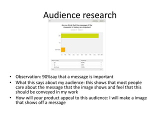 Audience research
• Observation: 90%say that a message is important
• What this says about my audience: this shows that most people
care about the message that the image shows and feel that this
should be conveyed in my work
• How will your product appeal to this audience: I will make a image
that shows off a message
 