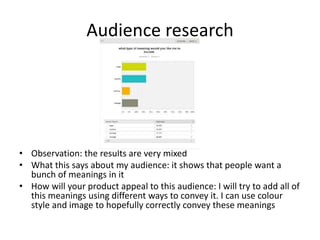 Audience research
• Observation: the results are very mixed
• What this says about my audience: it shows that people want a
bunch of meanings in it
• How will your product appeal to this audience: I will try to add all of
this meanings using different ways to convey it. I can use colour
style and image to hopefully correctly convey these meanings
 