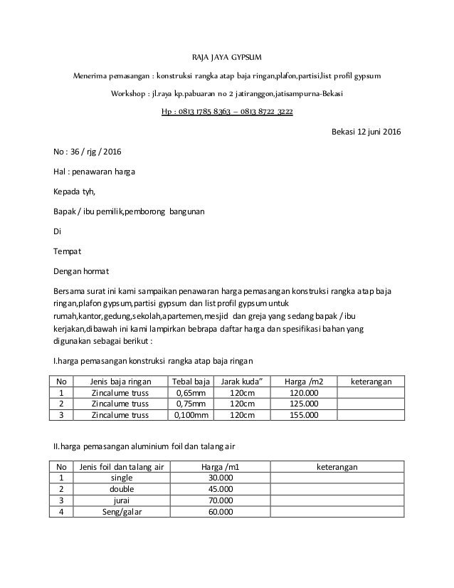 Contoh Surat Penawaran Pemasangan Rangka Atap Baja Ringan  Kumpulan