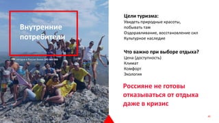 Внутренние
потребители
Нас сегодня в России более 145 000 000
Цели туризма:
Увидеть природные красоты,
побывать там
Оздоравливание, восстановление сил
Культурное наследие
Россияне не готовы
отказываться от отдыха
даже в кризис
Что важно при выборе отдыха?
Цена (доступность)
Климат
Комфорт
Экология
45
 
