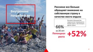 Внутренние
потребители
Нас сегодня в России более 145 000 000
Россияне все больше
обращают внимание на
собственную страну в
качестве места отдыха
+52%
Россияне в большинстве
предпочитают перемещаться
внутри страны, чем посещать
другие страны
66%
за 20 лет
Потенциал
роста
47
 