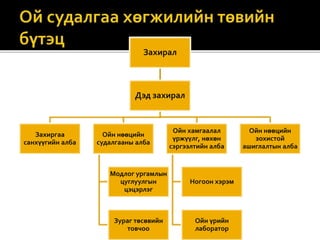 Захирал
Дэд захирал
Захиргаа
санхүүгийн алба
Ойн нөөцийн
судалгааны алба
Модлог ургамлын
цуглуулгын
цэцэрлэг
Зураг төсөвийн
товчоо
Ойн хамгаалал
үржүүлг, нөхөн
сэргээлтийн алба
Ногоон хэрэм
Ойн үрийн
лаборатор
Ойн нөөцийн
зохистой
ашиглалтын алба
 