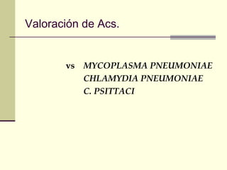 Valoración de Acs.
vs MYCOPLASMA PNEUMONIAE
CHLAMYDIA PNEUMONIAE
C. PSITTACI
 