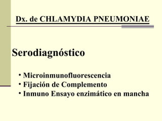 Dx. de CHLAMYDIA PNEUMONIAE
Serodiagnóstico
• Microinmunofluorescencia
• Fijación de Complemento
• Inmuno Ensayo enzimático en mancha
 