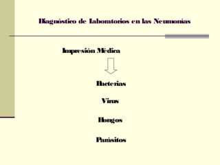 Diagnóstico de Laboratorios en las Neumonías
Impresión Médica
Virus
Bacterias
Hongos
Parásitos
 