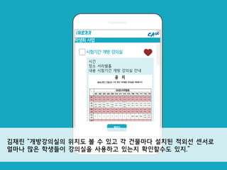 학생회 사업
이름
확인
시험기간 개방 강의실
시간
장소 서라벌홀
내용 시험기간 개방 강의실 안내
<뒤로가기
김채린 “개방강의실의 위치도 볼 수 있고 각 건물마다 설치된 적외선 센서로
얼마나 많은 학생들이 강의실을 사용하고 있는지 확인할수도 있지.”
 