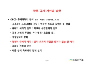 - 17 -
향후 규제 개선의 방향
규제개혁의 원칙* OECD 출처 배용수 규제정책론 면( : , , 267 )
규제개혁 프로그램의 정립 명확한 목표와 집행의 틀 확립- :
규제의 체계적 검토 목표에 부합한지의 검토- :
규제 과정의 투명성 비차별성 효율성 유지- ㆍ ㆍ
경쟁정책의 강화-
경제적 규제의 폐지 공익 도모의 뚜렷한 증거가 없는 한 폐지- :
국제적 원칙의 준수-
다른 정책 목표와의 관계 인식-
 