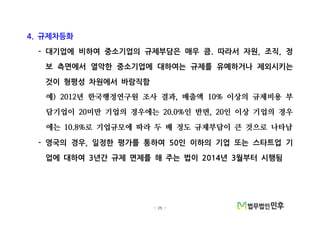 - 25 -
규제차등화4.
대기업에 비하여 중소기업의 규제부담은 매우 큼 따라서 자원 조직 정- . , ,
보 측면에서 열악한 중소기업에 대하여는 규제를 유예하거나 제외시키는
것이 형평성 차원에서 바람직함
예 년 한국행정연구원 조사 결과 매출액 이상의 규제비용 부) 2012 , 10%
담기업이 미만 기업의 경우에는 인 반면 인 이상 기업의 경우20 20.0% , 20
에는 로 기업규모에 따라 두 배 정도 규제부담이 큰 것으로 나타남10.8%
영국의 경우 일정한 평가를 통하여 인 이하의 기업 또는 스타트업 기- , 50
업에 대하여 년간 규제 면제를 해 주는 법이 년 월부터 시행됨3 2014 3
 