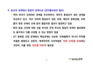 - 29 -
분산적 정책에서 통합적 정책으로 컨트롤타워의 필요6. ( )
여러 부처가 규제개선 정책을 추진하면서 제각각 통일되지 않은 정책을- ,
추진하고 있고 이로 인하여 통일되지 않은 정책 예산의 중복집행 조화, , ,
롭지 못한 규제의 산재 등의 불합리한 결과가 발생하고 있음
특히 동일 사안에 대한 진흥 부서와 규제 부서의 통일적 정책이 필요함에-
도 불구하고 이를 조정할 수 있는 방법이 없음
융복합 산업 정책에서 핵심과제는 단순한 규제철폐 가 아니라 부처를- ICT ‘ ’
초월한 통합되고 전문적 체계적이며 시의적절한ㆍ 착한 규제 를 창설‘ ’ 하는
것인바 이를 위한, 컨트롤 타워‘ ’가 필요함
 