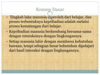 Konsep Dasar
 Tingkah laku manusia diperoleh dari belajar, dan
proses terbentuknya kepribadian adalah melalui
proses kematangan dari belajar.
 Kepribadian manusia berkembang bersama-sama
dengan interaksinya dengan lingkungannya.
 Setiap manusia lahir dengan membawa kebutuhan
bawaan, tetapi sebagian besar kebutuhan dipelajari
dari hasil interaksi dengan lingkungannya.
 