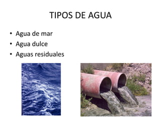 • Agua de mar
• Agua dulce
• Aguas residuales
TIPOS DE AGUA
 