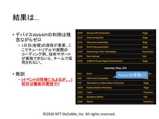 結果は…
• デバイスWebAPIの利用は残
念ながらゼロ
• 1日目(金曜)の深夜が重要。こ
こでチュートリアルや実際の
コーディング例、技術サポート
が実施できないと、チームで採
用されない。
• 教訓
• (イベントの性格にもよるが、、)
初日は徹夜の覚悟で!!
Hackerは夜動く!!
©2016 NTT DoCoMo, Inc. All rights reserved.
 