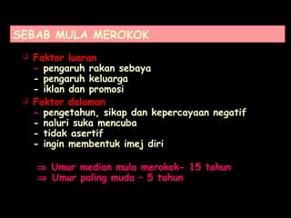 SEBAB MULA MEROKOK
 Faktor luaran
- pengaruh rakan sebaya
- pengaruh keluarga
- iklan dan promosi
 Faktor dalaman
- pengetahun, sikap dan kepercayaan negatif
- naluri suka mencuba
- tidak asertif
- ingin membentuk imej diri
⇒ Umur median mula merokok- 15 tahun
⇒ Umur paling muda – 5 tahun
 