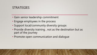 STRATEGIES
• Gain senior leadership commitment
• Engage employees in the process
• Support local/community diversity group...