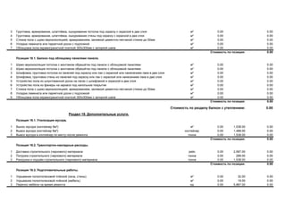 3 Грунтовка, армирование, шпатлёвка, ошкуривание потолка под окраску с окраской в два слоя м² 0.00 0.00
4 Грунтовка, армирование, шпатлёвка, ошкуривание стены под окраску с окраской в два слоя м² 0.00 0.00
5 Стяжка пола с шумо-звукоизоляцией, армированием, заливкой цементно-песчаной стяжки до 50мм м² 0.00 0.00
6 Укладка ламината или паркетной доски с подложкой м² 0.00 0.00
7 Облицовка пола керамогранитной плиткой 300х300мм с затиркой швов м² 0.00 0.00
Стоимость по позиции: 0.00
Позиция 18.1. Балкон под облицовку панелями панели.
1 Шумо-звукоизоляция потолка с монтажом обрешётки под панели с облицовкой панелями м² 0.00 0.00
2 Шумо-звукоизоляция потолка с монтажом обрешётки под панели с облицовкой панелями м² 0.00 0.00
3 Шлифовка, грунтовка потолка из панелей под окраску или лак с окраской или нанесением лака в два слоя м² 0.00 0.00
4 Шлифовка, грунтовка стены из панелей под окраску или лак с окраской или нанесением лака в два слоя м² 0.00 0.00
5 Устройство пола из шпунтованной доски на лагах с шлифовкой и окраской в два слоя м² 0.00 0.00
6 Устройство пола из фанеры на каркасе под напольное покрытие м² 0.00 0.00
7 Стяжка пола с шумо-звукоизоляцией, армированием, заливкой цементно-песчаной стяжки до 50мм м² 0.00 0.00
8 Укладка ламината или паркетной доски с подложкой м² 0.00 0.00
9 Облицовка пола керамогранитной плиткой 300х300мм с затиркой швов м² 0.00 0.00
Стоимость по позиции: 0.00
Стоимость по разделу балкон с утеплением: 0.00
Раздел 19. Дополнительные услуги.
Позиция 19.1. Утилизация мусора.
1 Вынос мусора (контейнер 8м³) м³ 0.00 1,538.00 0.00
2 Вывоз мусора (контейнер 8м³) контейнер 0.00 1,489.00 0.00
3 Вывоз мусора в контейнер по месту после ремонта тонна 0.00 1,538.00 0.00
Стоимость по позиции: 0.00
Позиция 19.2. Транспортно-накладные расходы.
1 Доставка строительного (чернового) материала рейс 0.00 2,567.00 0.00
2 Погрузка строительного (чернового) материала тонна 0.00 289.00 0.00
3 Разгрузка и подъём строительного (чернового) материала тонна 0.00 1,538.00 0.00
Стоимость по позиции: 0.00
Позиция 19.3. Подготовительные работы.
1 Укрывание полиэтиленовой плёнкой (окна, стены) м² 0.00 32.00 0.00
2 Укрывание полиэтиленовой плёнкой (мебель) м² 0.00 19.00 0.00
3 Перенос мебели на время ремонта ед 0.00 5,867.00 0.00
 