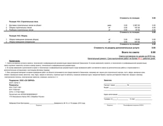 Стоимость по позиции: 0.00
Позиция 19.4. Строительные леса.
1 Доставка строительных лесов на объект рейс 0.00 2,567.00 0.00
2 Сборка строительных лесов м² 0.00 197.00 0.00
3 Разборка строительных лесов м² 0.00 97.00 0.00
Стоимость по позиции: 0.00
Позиция 19.5. Уборка.
1 Уборка помещения (влажная уборка) м² 0.00 178.00 0.00
2 Уборка помещения генеральная м² 0.00 347.00 0.00
Стоимость по позиции: 0.00
Стоимость по разделу дополнительные услуги: 0.00
Всего по смете: 0.00
Примечание.
Подрядчик: ООО «СК ОБРАЗ»111397, г. Москва, ул. Федеративный проспект, дом 6, корпус 3.
дом 6, корпус 3.
Реквизиты:
ИНН 7720711681
КПП 772001001
ОГРН 1117746179825
Расчетный счет 40702810638000064321
1772 Московского банка ОАО «Сбербанк России»
Хабарова Юлия Викторовна _____________________________ Довереность № 16, от 16 января, 2016 года.
Подпись
Выдан: __________________________________________________
1. Смета составлена согласно проекта, технической и информационной документации предоставленной Заказчиком. В случае изменений в проекте, в технической и в информационной документации
смета подлежит пересчёту согласно новому проекту, технической и информационной документации.
2. В случае изменений и дополнений в проект и техническую и информационную документацию в ходе проведения работ составляется смена на дополнительные работы и подписывается с
дополнительным соглашением к настоящему Договору подряда.
3. Весь расходный материал на время проведения работ на объекте оплачивается или предоставляется Заказчиком, например как: мешки для строительного мусора, скотч, вёдра, малярные ножи,
лезвия к малярным ножам, ванночки, тазы, буры, сверла по металлу, отрезные круги по металлу, отрезные алмазные круги, наждачная бумага, коронки для бурения отверстий, насадки к миксеру,
электрические патроны, электрические лампочки, клемники, изолента и т.п.
Заказчик:
Подпись Расшифровка подписи (Ф.И.О.)
_______________ ________________________________________
Смета составлена по ценам на 2016 год.
Капитальный ремонт. Срок выполнения работ не более 45 () рабочих дней.
________________________________________________________
Паспорт: серия ______________ № __________________________
Телефон: 8 (_____) ____________ ; E-mail: ____________________
Адрес регестрации ________________________________________
________________________________________________________
________________________________________________________
 