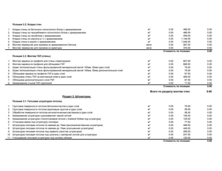 Позиция 2.2. Кладка стен.
1 Кладка стены из бетонного полнотелого блока с армированием м² 0.00 486.00 0.00
2 Кладка стены из пазгребневого полнотелого блока с армированием м² 0.00 486.00 0.00
3 Кладка стены из пеноблока с армированием м² 0.00 459.00 0.00
4 Кладка стены из кирпича в ½ с армированием м² 0.00 1,148.00 0.00
5 Кладка стены в кирпич с армированием м² 0.00 1,046.00 0.00
6 Монтаж перемычек для проемов из армированного бетона метр 0.00 567.00 0.00
7 Монтаж перемычек для проемов из арматуры метр 0.00 376.00 0.00
Стоимость по позиции: 0.00
Позиция 2.3. Монтаж ГКЛ (стены).
1 Монтаж каркаса из профиля для стены (перегородки) м² 0.00 807.00 0.00
2 Монтаж каркаса из профиля для облицовки ГКЛ м² 0.00 668.00 0.00
3 Шума теплоизоляция стены фольгированной минеральной ватой 100мм, 50мм один слой м² 0.00 79.00 0.00
4 Шума теплоизоляция стены фольгированной минеральной ватой 100мм, 50мм дополнительный слой м² 0.00 79.00 0.00
5 Облицовка каркаса из профиля ГКЛ в один слой м² 0.00 67.00 0.00
6 Облицовка стены ГКЛ на монтажный клей в один слой м² 0.00 489.00 0.00
7 Облицовка дополнительного слоя ГКЛ м² 0.00 67.00 0.00
8 Армирование стыков ГКЛ серпянкой м² 0.00 17.00 0.00
Стоимость по позиции: 0.00
Всего по разделу монтаж стен: 0.00
Раздел 3. Штукатурка.
Позиция 3.1. Гипсовая штукатурка потолка.
1 Грунтовка поверхности потолка бетоноконтактом в один слой м² 0.00 79.00 0.00
2 Грунтовка поверхности потолка акриловым грунтом в один слой м² 0.00 58.00 0.00
3 Обработка поверхности потолка антисептическим раствором в один слой м² 0.00 58.00 0.00
4 Армирование штукатурки оцинкованной тканой сеткой м² 0.00 156.00 0.00
5 Армирование штукатурки стеклотканевой сеткой с ячейкой 5х5мм под штукатурку м² 0.00 109.00 0.00
6 Установка маяка под штукатурку гипсовую м² 0.00 77.00 0.00
7 Штукатурка гипсовая потолка по маякам до 15мм (высококачественная штукатурка) м² 0.00 498.00 0.00
8 Штукатурка гипсовая потолка по маякам до 15мм (улучшенная штукатурка) м² 0.00 448.00 0.00
9 Штукатурка гипсовая потолка под правило (простая штукатурка) м² 0.00 289.00 0.00
10 Штукатурка гипсовая потолка под шпатель с малярной сеткой для штукатурки м² 0.00 247.00 0.00
11 Глянцевание гипсовой штукатурки под оклейку обоями м² 0.00 129.00 0.00
Стоимость по позиции: 0.00
 