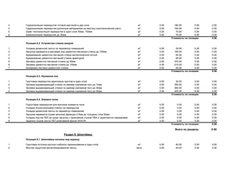 3 Гидроизоляция перекрытия готовой мастикой в два слоя м² 0.00 180.00 0.00 0.00
4 Гидроизоляция перекрытия рулонным материалом на мастику (сантехнический узел) м² 0.00 740.00 0.00 0.00
5 Шумо теплоизоляция перекрытия в один слой 50мм, 100мм м² 0.00 70.00 0.00 0.00
6 Шумоизоляция перекрытия до 30мм м² 0.00 70.00 0.00 0.00
Стоимость по позиции: 0.00
Позиция 8.2. Устройство стяжки мокрой.
1 Укладка кромочной ленты по периметру помещений м² 0.00 30.00 0.00 0.00
2 Засыпка керамзита в растворе под цементно-песчаную стяжку до 100мм м² 0.00 190.00 0.00 0.00
3 Армирование цементно-песчаной стяжки металлической сеткой м² 0.00 60.00 0.00 0.00
4 Армирование цементно-песчаной стяжки арматурой м² 0.00 90.00 0.00 0.00
5 Заливка цементно-песчаной стяжки до 50мм м² 0.00 370.00 0.00 0.00
6 Заливка цементно-песчаной стяжки до 100мм м² 0.00 410.00 0.00 0.00
7 Шлифовка песчано-цементной стяжки м² 0.00 50.00 0.00 0.00
Стоимость по позиции: 0.00
Позиция 8.3. Наливной пол.
1 Грунтовка перекрытия акриловым грунтом в один слой м² 0.00 30.00 0.00 0.00
2 Заливка выравнивающей стяжки по маякам (наливной пол) до 10мм м² 0.00 290.00 0.00 0.00
3 Заливка выравнивающей стяжки по маякам (наливной пол) до 30мм м² 0.00 360.00 0.00 0.00
4 Заливка выравнивающей стяжки по маякам (наливной пол) до 50мм м² 0.00 420.00 0.00 0.00
Стоимость по позиции: 0.00
Позиция 8.4. Элемент пола.
1 Подготовка перекрытия для монтажа элемента пола м² 0.00 0.00 0.00 0.00
2 Укладка полиэтиленовой плёнки на перекрытие м² 0.00 0.00 0.00 0.00
3 Укладка кромочной ленты по периметру помещений м² 0.00 0.00 0.00 0.00
4 Засыпка керамзита (сухая засыпка) фракции 0-5мм до толщины слоя 50мм м² 0.00 0.00 0.00 0.00
5 Укладка листов ГВЛ на сухую засыпку с проклейкой стыков ПВА и скрепляется саморезами м² 0.00 0.00 0.00 0.00
6 Заделка стыков листа ГВЛ шпаклевкой фюген КНАУФ м² 0.00 0.00 0.00 0.00
Стоимость по позиции: 0.00
Всего по разделу: 0.00
Раздел 9. Шпатлёвка.
Позиция 9.1. Шпатлёвка потолка под окраску.
1 Грунтовка потолка грунтом глубокого проникновения в один слой м² 0.00 40.00 0.00 0.00
2 Монтаж защитной металлизированной ленты метр 0.00 40.00 0.00 0.00
 