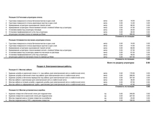 Позиция 3.5.Гипсовая штукатурка откоса.
1 Грунтовка поверхности откоса бетоноконтактом в один слой метр 0.00 19.00 0.00
2 Грунтовка поверхности откоса акриловым грунтом в один слой метр 0.00 14.00 0.00
3 Армирование штукатурки оцинкованной тканой сеткой метр 0.00 68.00 0.00
4 Армирование штукатурки стеклотканевой сеткой с ячейкой 5х5мм под штукатурку метр 0.00 47.00 0.00
5 Установка маяка под штукатурку гипсовую метр 0.00 29.00 0.00
6 Установка перфорированного угла под штукатурку метр 0.00 48.00 0.00
7 Штукатурка гипсовая откоса по маякам до 60мм метр 0.00 399.00 0.00
Стоимость по позиции: 0.00
Позиция 3.6.Цементно-песчаная штукатурка откоса.
1 Грунтовка поверхности откоса бетоноконтактом в один слой метр 0.00 19.00 0.00
2 Грунтовка поверхности откоса акриловым грунтом в один слой метр 0.00 14.00 0.00
3 Армирование штукатурки оцинкованной тканой сеткой метр 0.00 68.00 0.00
4 Армирование штукатурки стеклотканевой сеткой с ячейкой 5х5мм под штукатурку метр 0.00 47.00 0.00
5 Установка маяка под штукатурку цементно-песчаную из раствора метр 0.00 67.00 0.00
6 Установка перфорированного угла под штукатурку метр 0.00 48.00 0.00
7 Штукатурка цементно-песчаная откоса по маякам до 60мм метр 0.00 447.00 0.00
Стоимость по позиции: 0.00
Всего по разделу штукатурка: 0.00
Раздел 4. Электромонтажные работы.
Позиция 4.1. Монтаж кабеля.
1 Бурение штробы в кирпичной стене и т.п. под кабель (для электрической сети и слаботочной сети) метр 0.00 179.00 0.00
2 Бурение штробы в бетонной стене под кабель (для электрической сети и слаботочной сети) метр 0.00 299.00 0.00
3 Бурение штробы в бетонном перекрытии под кабель (для электрической сети и слаботочной сети) метр 0.00 347.00 0.00
4 Монтаж кабеля с креплением (для электрической сети и слаботочной сети) метр 0.00 38.00 0.00
5 Монтаж кабеля в готовой штробе с заделкой штробы (для электрической сети и слаботочной сети) метр 0.00 87.00 0.00
6 Монтаж кабеля в гофрированной трубе с креплением (для электрической сети и слаботочной сети) метр 0.00 47.00 0.00
Стоимость по позиции: 0.00
Позиция 4.2. Монтаж установочных коробок.
1 Бурение отверстия в бетонной стене для подрозетника ед 0.00 349.00 0.00
2 Бурение отверстия в кирпичной стене для подрозетника ед 0.00 247.00 0.00
3 Монтаж подрозетника в готовое отверстие на алебастр ед 0.00 23.00 0.00
4 Монтаж подрозетника в ГКЛ с сверлением отверстия ед 0.00 189.00 0.00
 