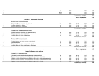 3 м² 0.00 0.00 0.00
4 метр 0.00 0.00 0.00
5 метр 0.00 0.00 0.00
Стоимость по позиции: 0.00
Всего по разделу: 0.00
Раздел 12. Напольное покрытие.
Позиция 12.1. Укладка ламината.
1 Укладка пробковой подложки под ламинат м² 0.00 20.00 0.00 0.00
2 Укладка ламината по прямой м² 0.00 310.00 0.00 0.00
3 Укладка ламината по диагонали м² 0.00 370.00 0.00 0.00
Стоимость по позиции: 0.00
Позиция 12.2. Укладка паркетной доски.
1 Укладка пробковой подложки под паркетную доску м² 0.00 20.00 0.00 0.00
2 Укладка паркетной доски по прямой м² 0.00 360.00 0.00 0.00
3 Укладка паркетной доски по диагонали м² 0.00 360.00 0.00 0.00
Стоимость по позиции: 0.00
Позиция 12.3. Укладка паркета.
1 Укладка фанеры на стяжку на клею с креплением м² 0.00 370.00 0.00 0.00
2 Циклевка фанеры м² 0.00 260.00 0.00 0.00
3 Укладка паркетной доски из массива по прямое м² 0.00 780.00 0.00 0.00
4 Укладка паркетной доски из массива по диагонали м² 0.00 930.00 0.00 0.00
Стоимость по позиции: 0.00
Всего по разделу: 0.00
Раздел 13. Окрасочные работы.
Позиция 13.1. Окраска потолка.
1 Грунтовка потолка акриловым грунтом в один слой под окраску м² 0.00 40.00 0.00 0.00
2 Окраска потолка водоэмульсионной краской в два слоя по шпатлёвке м² 0.00 210.00 0.00 0.00
3 Окраска потолка водоэмульсионной краской в два слоя по шпатлёвке в два цвета м² 0.00 240.00 0.00 0.00
4 Окраска потолка водоэмульсионной краской в два слоя по шпатлёвке в три цвета м² 0.00 260.00 0.00 0.00
5 Окраска потолка водоэмульсионной краской в два слоя по обоям м² 0.00 170.00 0.00 0.00
Стоимость по позиции: 0.00
 