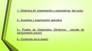 1.- Dinámica de presentación y expectativas del curso.
2.- Acuerdos y organización operativa
3.- Prueba de Diagnostico (Dinámica: rescate de
conocimiento previo)
4.- Contenido de la sesión.
 