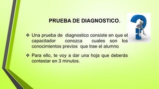 PRUEBA DE DIAGNOSTICO.
 Una prueba de diagnostico consiste en que el
capacitador conozca cuales son los
conocimientos previos que trae el alumno.
 Para ello, te voy a dar una hoja que deberás
contestar en 3 minutos.
 