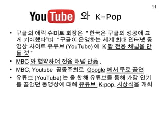 Youtube ? K-Pop
? ??? ?? ??? ??? " ??? ??? ??? ?
? ???? ? " ??? ???? ?? ?? ??? ?
?? ??? ??? (YouTube) ? K ? ?? ??? ?
? ? "
? MBC ? ???? ?? ?? ?? .
? MBC, Youtube ????? Google ?? ?? ??
? ??? (YouTube) ? ? ?? ???? ?? ?? ??
? ??? ???? ?? ??? K-pop ???? ??
11
 