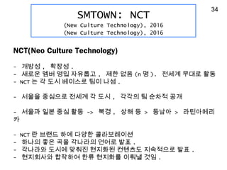 SMTOWN: NCT
(New Culture Technology), 2016
(New Culture Technology), 2016
NCT(Neo Culture Technology)
- ??? , ??? .
- ??? ?? ?? ???? , ?? ?? (n ? ). ??? ??? ??
- NCT ? ? ?? ???? ?? ?? .
- ??? ???? ??? ? ?? , ??? ? ??? ??
- ??? ?? ?? ?? -> ?? , ?? ? > ??? > ?????
?
- NCT ? ??? ?? ??? ??????
- ??? ?? ?? ???? ??? ?? .
- ???? ??? ??? ???? ???? ????? ?? .
- ????? ???? ?? ???? ??? ?? .
34
 