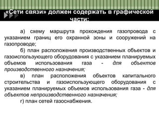 а) схему маршрута прохождения газопровода с
указанием границ его охранной зоны и сооружений на
газопроводе;
б) план расположения производственных объектов и
газоиспользующего оборудования с указанием планируемых
объемов использования газа - для объектов
производственного назначения;
в) план расположения объектов капитального
строительства и газоиспользующего оборудования с
указанием планируемых объемов использования газа - для
объектов непроизводственного назначения;
г) план сетей газоснабжения.
«Сети связи» должен содержать в графической
части:
 